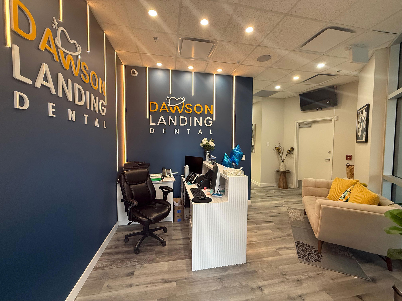 The reception and waiting lounge at Dawson Landing Dental in Chestermere